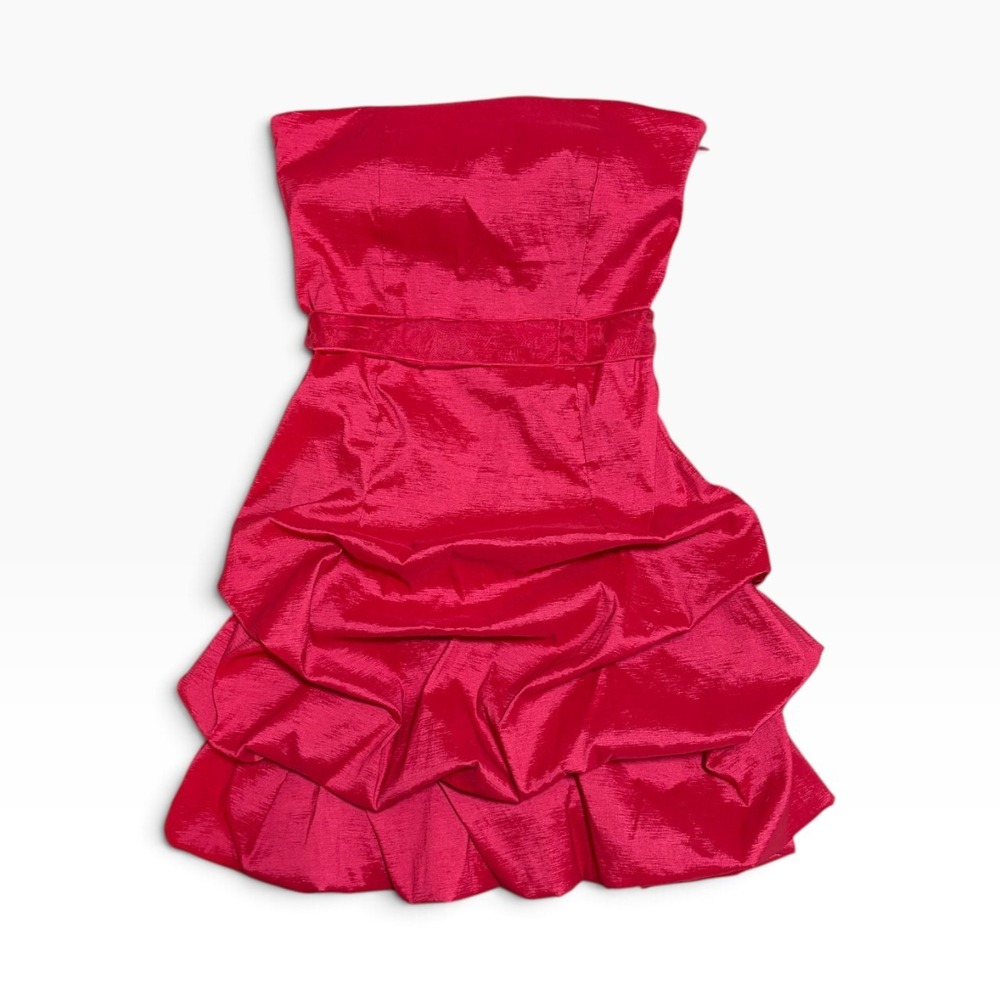 Y2K Strapless Bubble Hem Mini Dress Red Ruched Puffball Homecoming